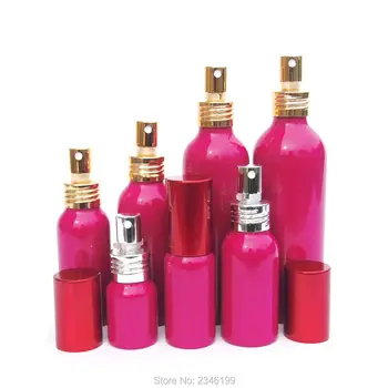 20 МЛ 50 бр./лот, нова преносима алуминиева бутилка-спрей с цвят фуксия с червен капак, висококачествени алуминиеви козметични бутилки за еднократна употреба