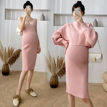 2023 2 бр./компл., есенно-зимни корейски модни възли пуловер за бременни, дрехи, костюми, приталенная дрехи за бременни, прекрасна