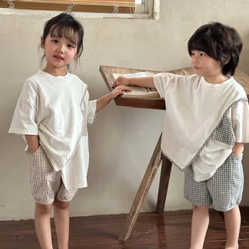 2023 Годишният нов детски комплект дрехи с къс ръкав за малки момчета и момичета, модни тениски + шорти в клетката, костюм от 2 теми, детски ежедневни облекла