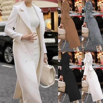 2023 Есенно-зимния нова вълна палто в стил ретро с ревери, женски однотонное дълго палто дамско палто, вълнена