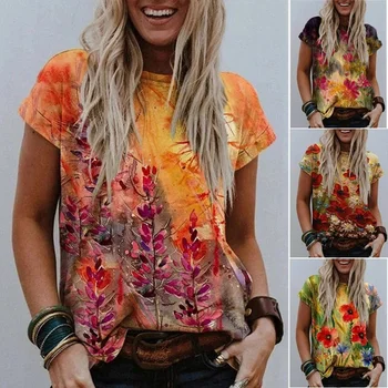 2023 Летни Дамски Модни Ежедневните Свободни Блузи, тениски с къс ръкав, Блуза с принтом в стил Абстрактна Живопис