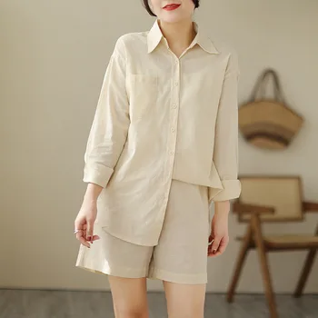 2023 Нов модерен женски обикновен всекидневен бельо комплект, свободна риза с дълъг ръкав, къси панталони за жени