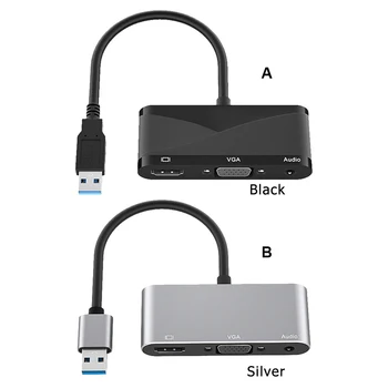 3-в-1 USB HDMI-съвместим Адаптер За лаптоп С няколко пристанища Без водачи 3,5 мм Аудио-Видео Конвертор Преносим Сребрист