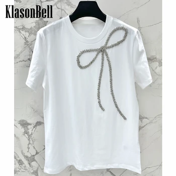 6.16 KlasonBell Модна тениска с лък и кристали, Ежедневни бяла тениска с къс ръкав, дамски