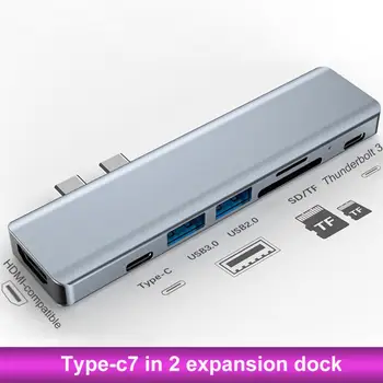 7 В 1 Двойна мъжки hub Type-C Алуминий USB C-hub Адаптер 4K, HDMI-съвместим Thunderbolt 3 PD за бързо зареждане на MacBook