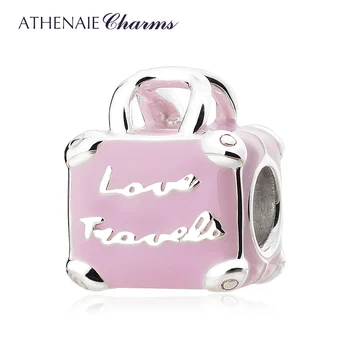 ATHENAIE, сребро 925 проба, розов емайл, пътна чанта за влюбени, висулки, мъниста за направата на гривни-амулети