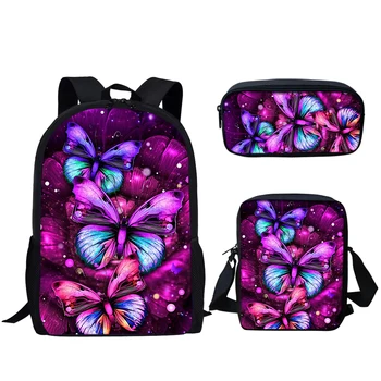 Belidome Ежедневните училищни чанти с лилаво принтом пеперуди, 3 серии, лека раница за момичета, пътни чанти, за книги, Mochila Escolar