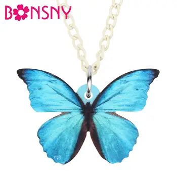Bonsny Акрилни синьо колие с пеперуда Morpho, огърлица, верижка с отложено във формата на животно, бижута за жени, момичета, приятели, подарък за рожден ден, окачване