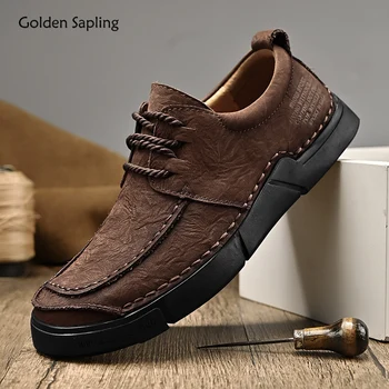 Golden Sapling/ мъжки ежедневни обувки, лоферы от естествена кожа, градинска обувки на равна подметка в ретро стил, обувки за шиене ръчно изработени, мокасини за почивка и партита, мъжки