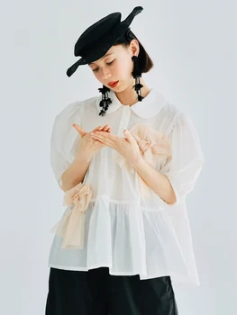 IMAKOKONI Оригиналната бяла риза с ревери и къс ръкав, свободен топ с лък, женски стилен топ 223646