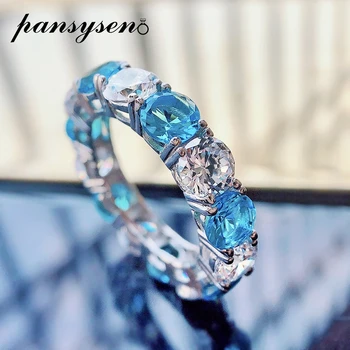 PANSYSEN 925 сребро кръгли диаманти, топаз, аквамарин диамантени пръстени за жени Юбилейна меню с коктейли на парти Изискани бижута