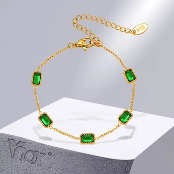 Vnox Зелена Квадратна Форма Кубичен Циркон Каменни Гривни за Жени, Златист Цвят Верижка От Неръждаема Стомана Ръчен Подаръци Бижута