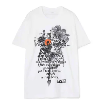 Yohji Yamamoto 23SS с цветя и текстови принтом под формата на ребра, лятна мъжки и дамски ежедневни тениска от чист памук с къс ръкав