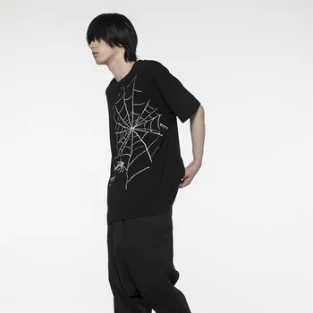 Yohji Yamamoto Тъмната Стилна Свободна И Удобна Тениска с къс ръкав и шарени Паяжини, Черна Ежедневна Тениска За двойки