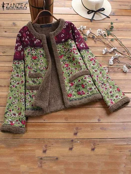 ZANZEA, дамски палта с цветя принтом, есенни плюшени космати реколта яке с дълъг ръкав, ежедневни връхни дрехи от изкуствена кожа с отворена предна част, свободно палто