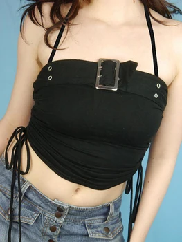 Бандажный черно кратък топ с рюшами и завязками мини-жилетка y2k Реколта пънк-гръндж върхове с отворен гръб градинска облекло Лятото на 90-те