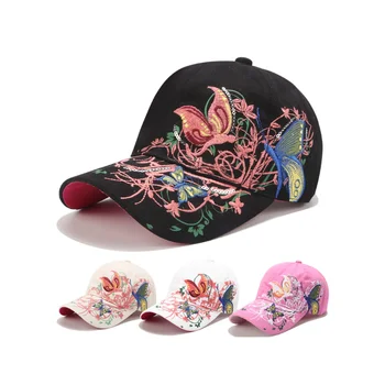Бейзболна шапка с бродирани цветя за жени, лятна тенденция шапка с пеперуда, градинска шапка от слънце, градинска хип-хоп шапка, Casquettes Femmes