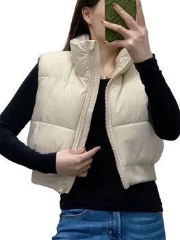 Дамско зимно яке-жилетка без ръкави с висока яка с цип, однотонная топла горна дреха