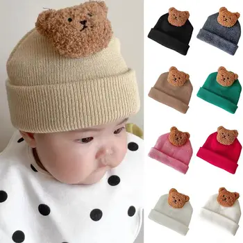 Детска шапка с хубав мечка, однотонная защита на ушите, мека шапчица за бебета, възли шапки на една кука на 8-36 месеца, есен-зима