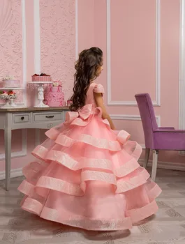 Диференцирани пищни рокля с цветя модел за момичета на сватба, блестящо принцеса рокля от органза и тюл, с кръгло деколте, облекло за рожден ден, рокля за първо причастие