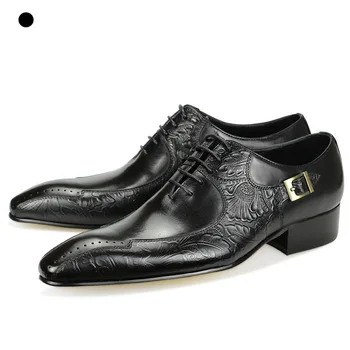 Елегантен мъжки обувки, удобни мъжки ежедневни кожени лоферы, модел черни обувки в тон покритие, бизнес принт, чрез шнурове, обтегач