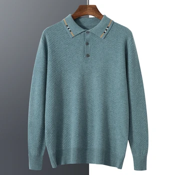 Есенно-зимния мъжки 100% вълнен пуловер, пуловер, топло поло, контрастен яка на риза, топла делова риза с дълъг ръкав.