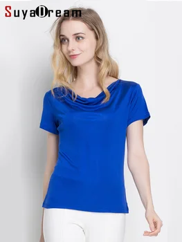 Женска тениска SuyaDream от естествена коприна с драпированным яка, къс ръкав, однотонная тениска 2022, пролетно-летен топ, бяло, синьо