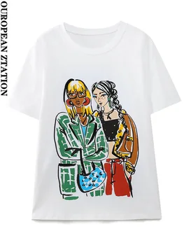 Женска тениска с пайети 2023, модна тениска с принтом за момичета, реколта дамски тениски с кръгло деколте и къс ръкав, mujer