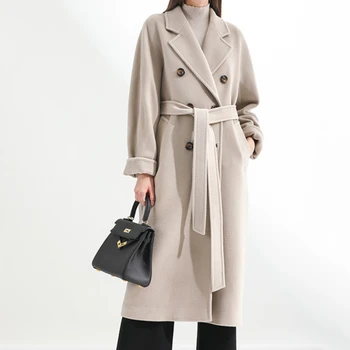 Зимата бежевое елегантна покривка козината дамски корейската мода Черни дълги палта основно минималистичное вълна палто Топлината Oversize на Горно облекло