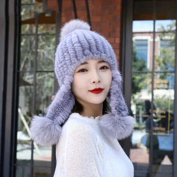 Зимна мода дамска шапка от естествена норка, шапка с уши ръчно плетени зимни шапки-бомберы, безплатна доставка