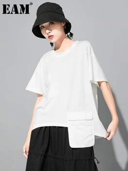 [ИАЛ] Женска бяла ежедневни тениска голям размер с нередовни джобове, новост, кръгъл отвор, половината ръкави, модерен прилив, пролет-лято 2023 1DD7735