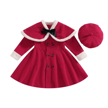 Коледно облекло за малки момичета, плюшен яке с лък в стил мозайка и шапка, комплект от 2 теми