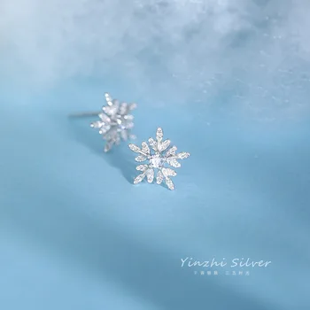 Корейската версия 925 сребро, прости обеци-карамфил под формата на снежинки, женски кристални леки луксозни бижута, подарък