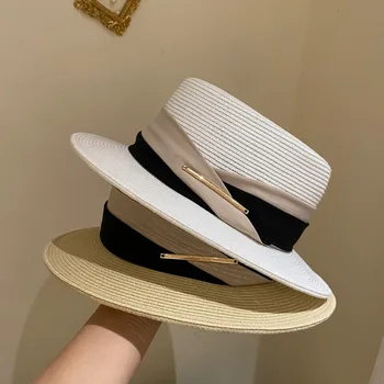 Корейската стилна елегантна шапка-кофа, солнцезащитная шапка, лятната сламена шапка в стил мозайка с лента за почивка, плажни партита, шапка с козирка