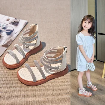 Корейски сандали за момичета 2023, нови летни детски римски сандали, обувки принцеса, мода детска плажна обувки с кристали