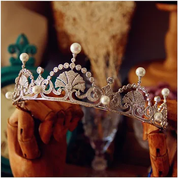Луксозна Диадема с цвете лотос, кубичен цирконий, мед перлена корона, класически за диадем кралица и на принцесата