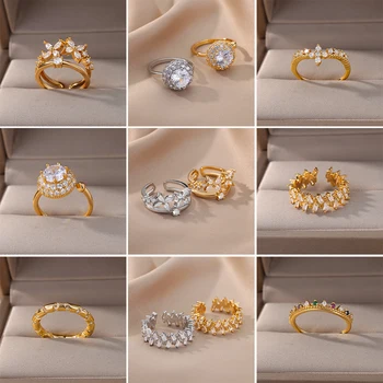 Луксозни откриване на пръстени от неръждаема стомана с регулируем цирконием за жени, 2023, нови модни бижута за пръстите, сватба парти, сексуална пръстен за момичета