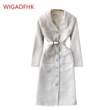 Малко ароматно твидовое палто в стил ретро, през есента и зимата 2021, висококачествено елегантно модно просто бяло палто със средна дължина