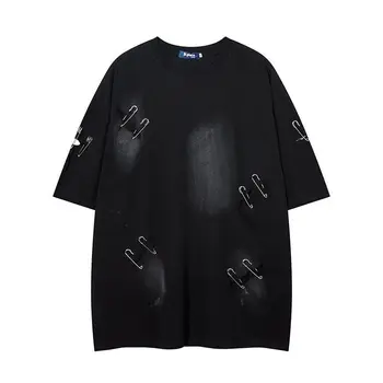 Мъжка тениска с къс ръкав оверсайз, модерен брендовый дизайн, оборудвана дизайн, супер гореща мъжка тениска с парцаливи дупка на главната улица