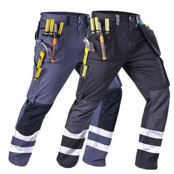 Мъжки работни панталони-карго от поликоттона с много джобове, със светлоотразителни ленти, работни панталони, работно облекло
