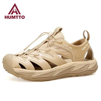 Мъжки сандали HUMTTO, лятна луксозен дизайнерски плажни и ежедневни мъжки обувки, марка дишаща бързосъхнеща градинска черна мъжки обувки на плоска подметка