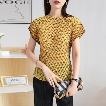 Нередовен женски трикотаж, лятна новост 2023, висококачествени модни дамски ежедневни облекла с кръгло деколте и къси ръкави, реколта тениска