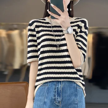 Нова корейска версия памучна раирана дамски ризи с къс ръкав 23, летен вязаный тънък пуловер с кръгло деколте в долната риза