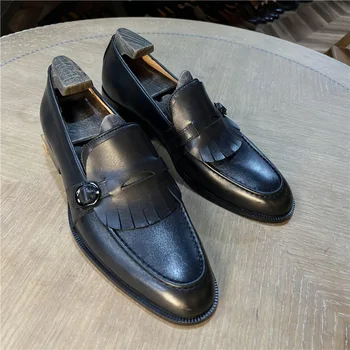 Нови мъжки лоферы от естествена кожа, черни, дишащи мъжки модел обувки без закопчалка, бизнес мъжки обувки ръчна изработка, безплатна доставка