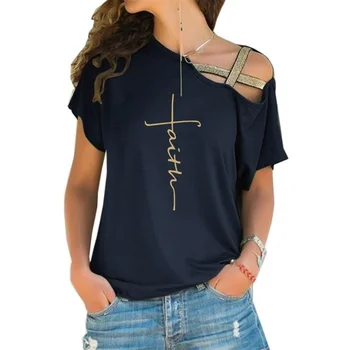 Ново записване, Най-Тениска С писмото принтом Faith, Тениска За Жени, Лятна Свободна Ежедневни Дамски Тениска С открити рамене и Къс Ръкав