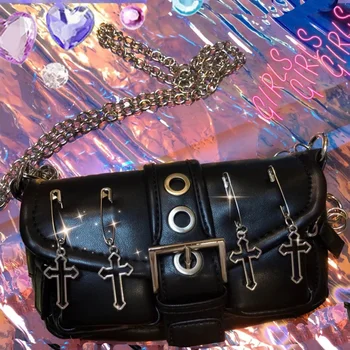 Реколта готическата чанта през рамо дамски 2023 Harajuku пънк-чанта през рамо с игла хлебна изкуствена кожа Дамска чанта-калъф