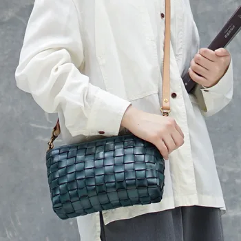 Реколта модерно луксозно обзавеждане от естествено кожена тканая малка квадратна опаковка отвън ежедневни дамски чанта през рамо