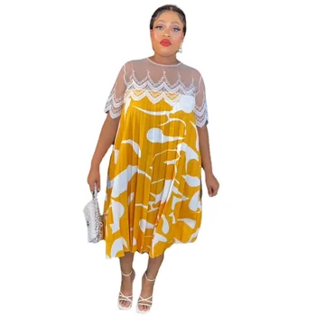 Рокля с африканските принтом 2023, лятно африкански женствена рокля с дължина до коляното от полиестер с кръгло деколте и къс ръкав, африкански рокли за жени