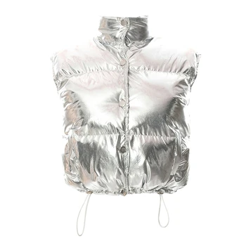 Сребро пуховик с подплата, жилетки, дамски градинска дрехи с цип, къса зимно яке без ръкави, есенна топ в стил харадзюку, Y1QD