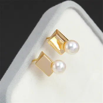 Сребърна игла S925 прост неправилна форма, малки квадратни обеци с перли, обици от злато, 14 К, с празна стойка, аксесоари за diy